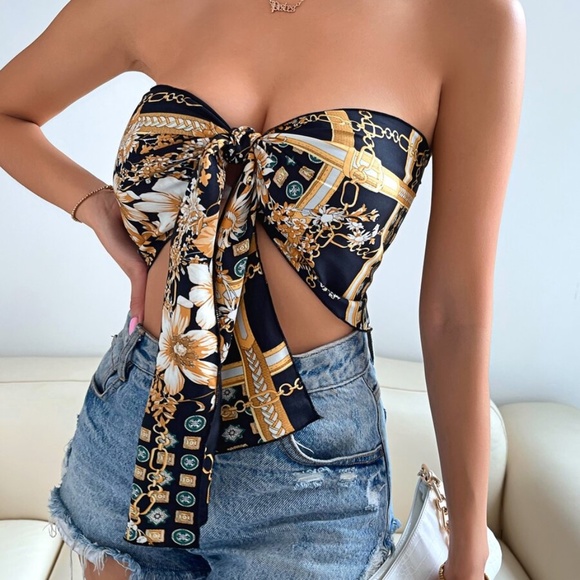 Boho Floral Print Tie Front Crop Top - Picture 11 of 12